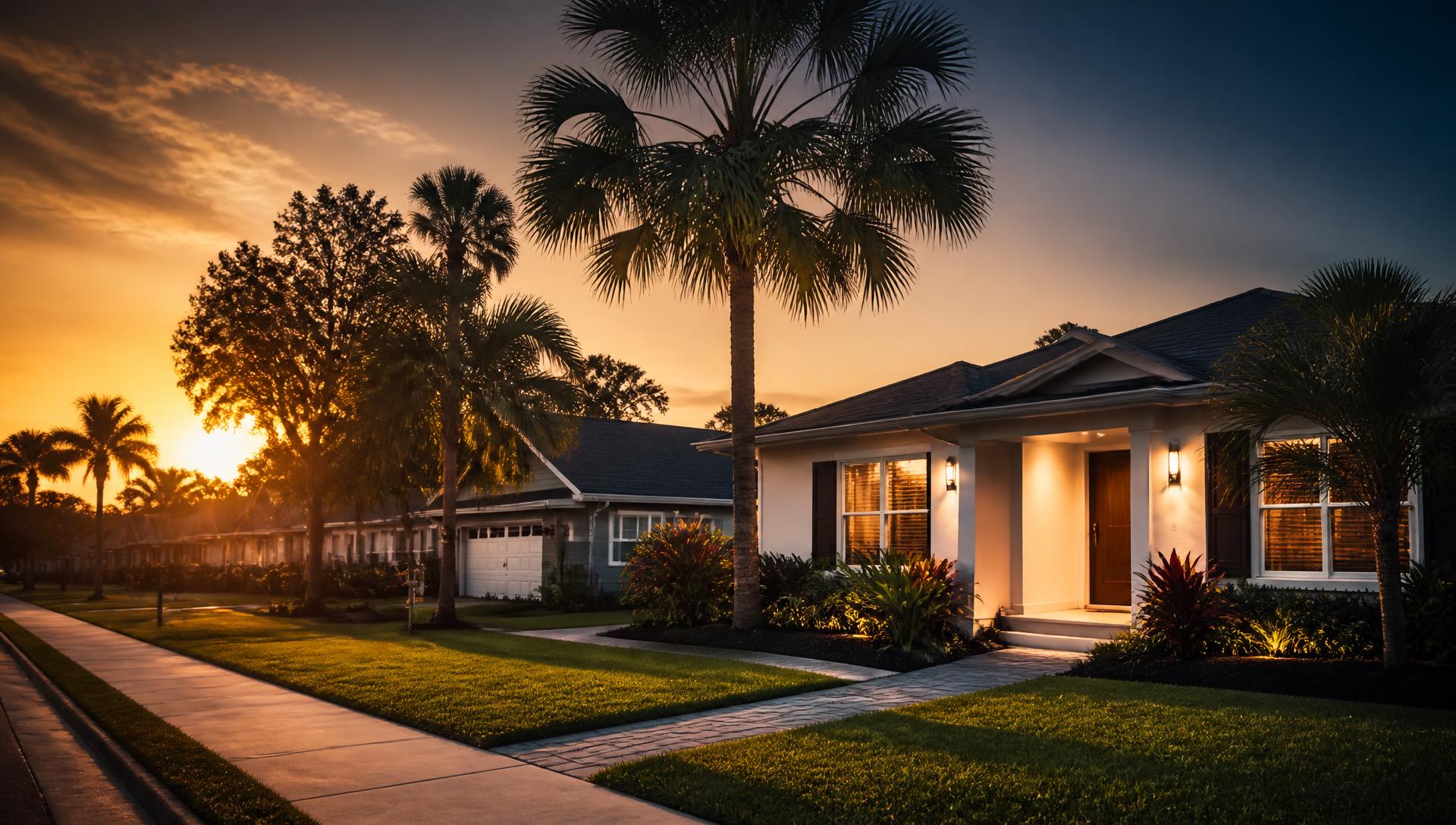 Renovated Orlando homes lined with palm trees at sunset